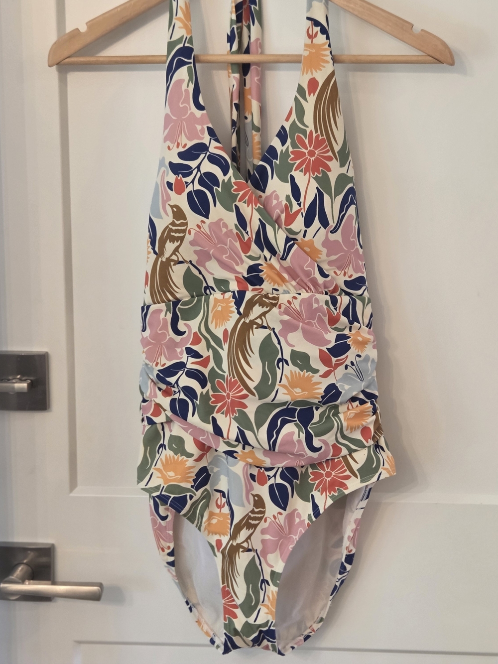 Tropical Bird Halter One Piece Swimsuit Ruched Wrap Front Resort Coastal Cruise